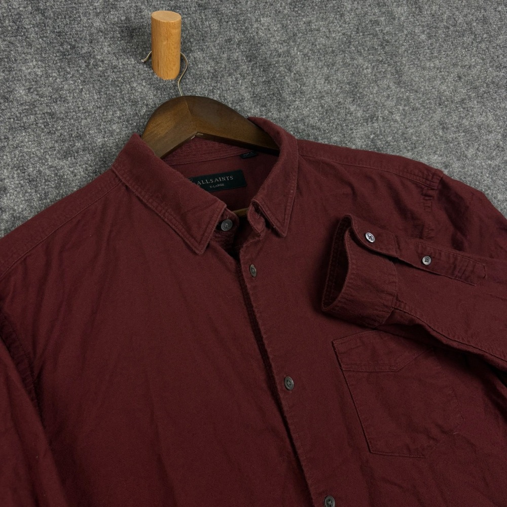 AllSaints Mens XL Long Sleeve Button Down Shirt Burgundy Oxblood Cotton Blend